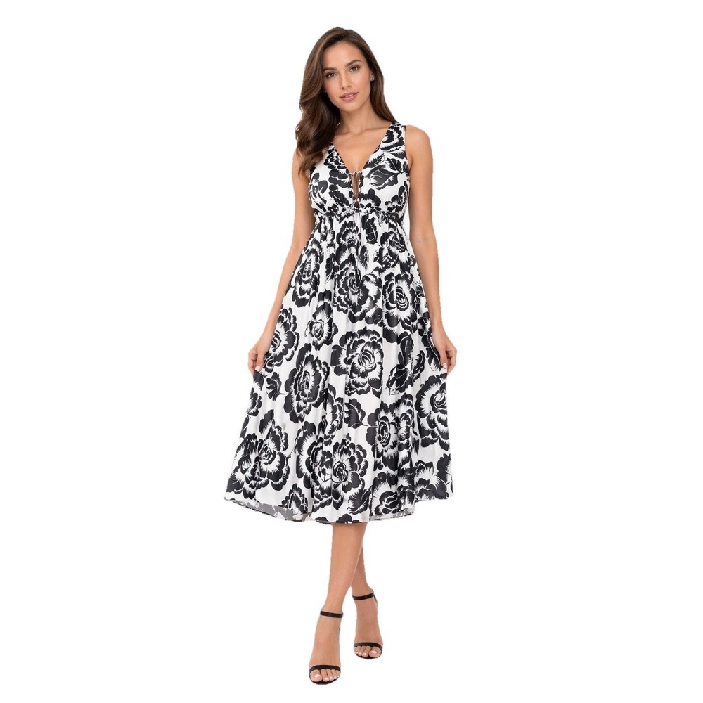 Ann Taylor Factory Black White Floral Dress Womens 14 V Neck Drawstring Lined